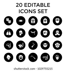 Mask icons. set of 20 editable filled mask icons such as blowtorch, thief emot, snorkel, flippers. best quality mask elements in trendy style.