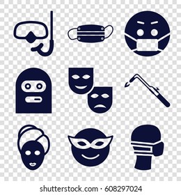 Mask icons set. set of 9 mask filled icons such as blowtorch, thief emot