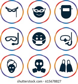 Mask icons set. set of 9 mask filled icons such as snorkel, flippers