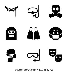 Mask icons set. set of 9 mask filled icons such as thief emot, snorkel, flippers