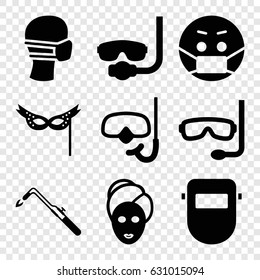 Mask icons set. set of 9 mask filled icons such as blowtorch, snorkel