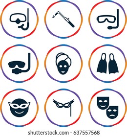 Mask icons set. set of 9 mask filled icons such as blowtorch, snorkel, flippers