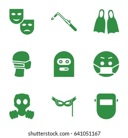 Mask icons set. set of 9 mask filled icons such as blowtorch, thief emot