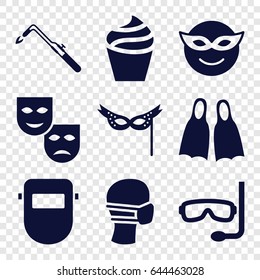 Mask icons set. set of 9 mask filled icons such as cream, blowtorch, flippers
