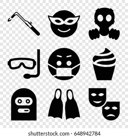 Mask icons set. set of 9 mask filled icons such as cream, blowtorch, thief emot, flippers