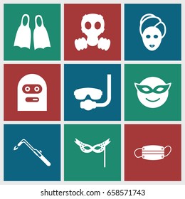 Mask icons set. set of 9 mask filled icons such as blowtorch, thief emot