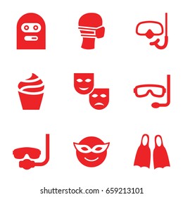 Mask icons set. set of 9 mask filled icons such as cream, thief emot, snorkel, flippers