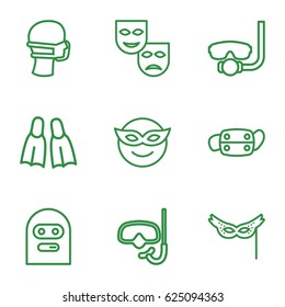 Mask icons set. set of 9 mask outline icons such as flippers, snorkel