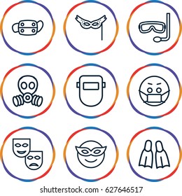 Mask icons set. set of 9 mask outline icons such as flippers
