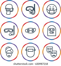 Mask icons set. set of 9 mask outline icons such as aqualung, snorkel