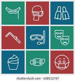 Mask icons set. set of 9 mask outline icons such as cream, blowtorch, flippers