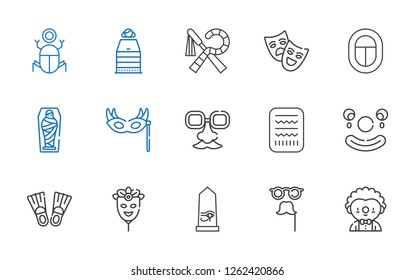mask icons set. Collection of mask with clown, egypt, flippers, face mask, eye mask, mummy, theater, sauna. Editable and scalable icons.