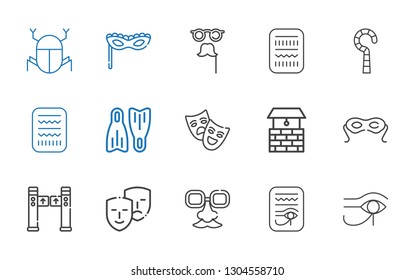 mask icons set. Collection of mask with egypt, face mask, comedy, turntiles, eye well, theatre, flippers. Editable and scalable icons.