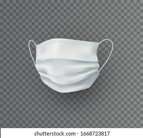 Maske einzeln auf transparentem Hintergrund. Vektorillustration weißer Mediziner, chirurgischer, sicherheitshalber atmender Bestandteil aufgetaucht. 3D-Viren, Staub oder Luftverschmutzung sind mit Masken geschützt.