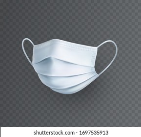 Maske einzeln auf transparentem Hintergrund. Vektorillustration weißer Mediziner, chirurgischer, sicherheitshalber atmender Bestandteil aufgetaucht. 3D-Viren, Staub oder Luftverschmutzung sind mit Masken geschützt.