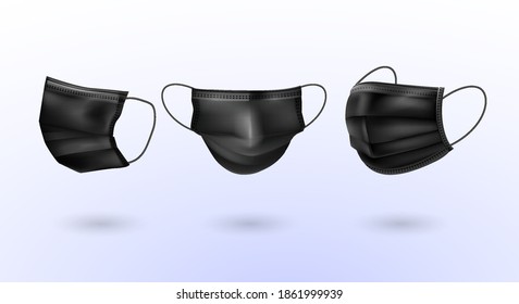 Mask isolated on a transparent background. Vector black medical, safe breathing element layout. Side and front view 3d protection from viruses, dust or air pollution with a face mask.