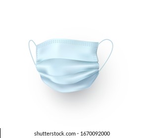 Mask isolated on white background. Vector blue medical doctor, surgical, safety breathing element mockup. 3d virus, dust or air pollution face mask protection.
