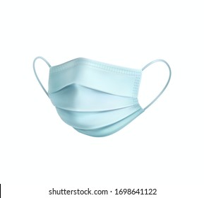 Mask isolated on white background. Vector blue medical doctor, surgical, safety breathing element mockup. 3d virus, dust or air pollution face mask protection.
