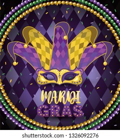 mask with joker hat and necklace balls to event