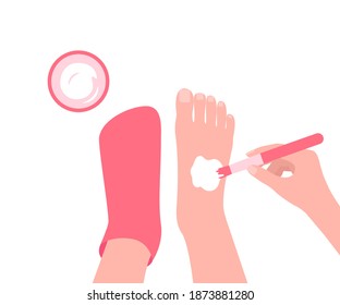 Mask for legs. Lubricate your feet with cream and put on a sock. Woman feet skin care. Caring foot treatment. Vector illustration