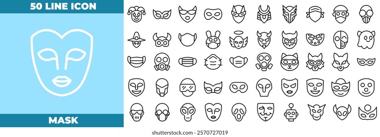 Mask Line Editable Icons set. Vector illustration in modern thin line style of mask icons: theatre, mask, drama, etc