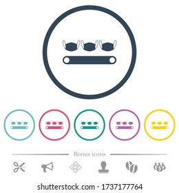 Mask manufacturing flat color icons in round outlines. 6 bonus icons included.