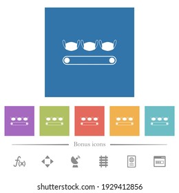 Mask manufacturing flat white icons in square backgrounds. 6 bonus icons included.