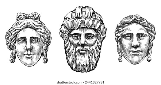 Mask marble, ancient, architectural detail, wall, three, male female, human faces,vector hand drawing isolated on white