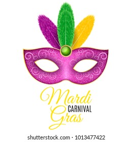 Mask for Mardi Gras carnival. Luxurious mask with colorful feathers on a white background. Yellow text. Festive poster, template. Vector illustration