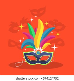 Mask with Multicolor Feather on Red Background