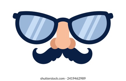 Mask with nose and mustache. Comic glasses for a party, masquerade, carnival. Joke, funny toy with a human face. Hand drawn vector icon isolated on white. Flat cartoon clipart for posters, print, web