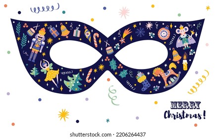 Сarnival mask. Nutcracker.  Christmas vector card. Cute illustration. 