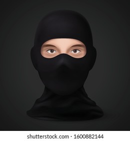 Mask on the Face Balaclava Snowboarding or Mountain Skiing Protective Wear on Black Backdrop. Symbol of Hacker or a Criminal Person. Also Equipment for Special Forces or Winter Sports