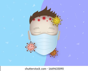 Máscara en la cara del hombre sobre un fondo con coronavirus flotante y partículas de virus alrededor. Concepto de cuarentena del coronavirus. COVID-19 en el mundo. Ilustración vectorial en el estilo de las caricaturas. 