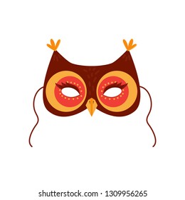 Mask of owl bird for kids birthday or costume party vector illustrations. Cute cartoon head of forest owl for photo booth printable icons 