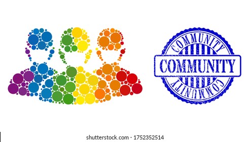 Mask people group mosaic icon of round items in various sizes and rainbow multicolored color tones. Blue round grunge seal stamp with Community text.