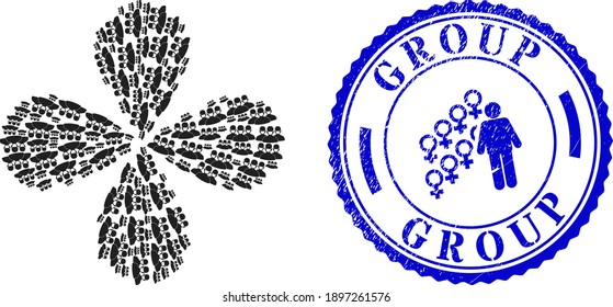 Mask people group rotation flower with four petals, and blue round GROUP rubber badge with icon inside. Object flower with 4 petals organized from oriented mask people group items.