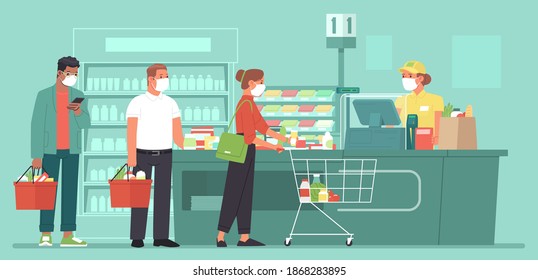 Mask people queue at the supermarket checkout. Coronavirus. Vector illustration in flat style