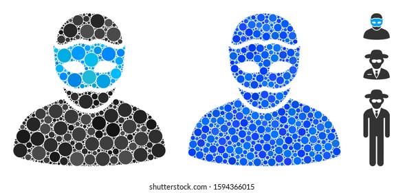 Mask person composition of round dots in variable sizes and color hues, based on mask person icon. Vector dots are grouped into blue composition. Dotted mask person icon in usual and blue versions.