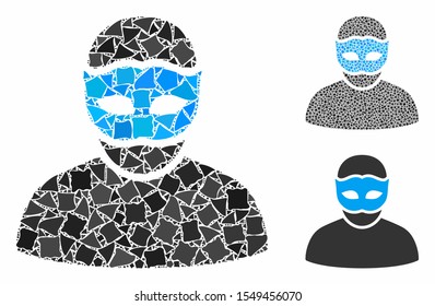 Mask person mosaic of rugged elements in different sizes and color tones, based on mask person icon. Vector abrupt dots are grouped into collage. Mask person icons collage with dotted pattern.