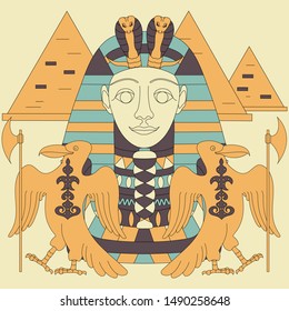 Mask of the pharaoh with two vulture birds with axes, as a symbol of the protection of the pharaoh. In the background - the pyramids. Tourism, culture, travel. Vector illustration.