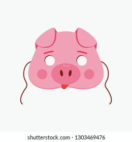 Mask of pig animal for kids birthday or costume party vector illustrations. Cute cartoon head of pink piglet for photo booth printable icons 