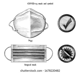 Máscara para la prevención de la enfermedad de Coronavirus 2019 (COVID-19) y símbolo relacionado con ilustración de grabado estilo vintage cliparte blanco y negro aislado en fondo blanco