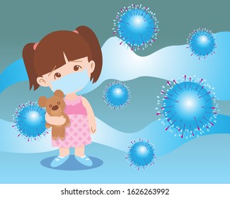 Mask for protection against bacteria and viruses. The masked little girl, bacteria and viruses fly because the infection is transmitted through the air. Vector illustration in cartoon flat style
