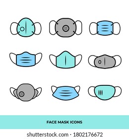 Mask protection icon set full vector with black outline. Sanitation and protection face mask different style.