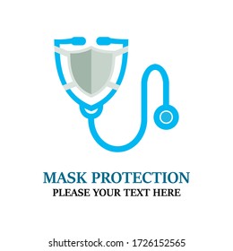 Ilustración de la plantilla de diseño del logotipo de protección de máscaras. Hay máscara, estetoskop y máscara. esto es bueno para la medicina