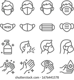 Mask protection virus icon set vector illustration. Contains such icon as clean, sneeze, mask, hand washing, hand sanitizer and more. Expanded Stroke