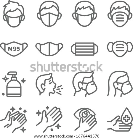 Mask protection virus icon set vector illustration. Contains such icon as clean, sneeze, mask, hand washing, hand sanitizer and more. Expanded Stroke