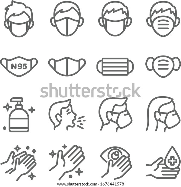 Mask protection virus icon set vector\
illustration. Contains such icon as clean, sneeze, mask, hand\
washing, hand sanitizer and more. Expanded\
Stroke