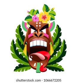 Mask with protruding tongue, stylized Hawaiian wooden sculpture. Decorated with hydrangea flowers and palm leaves. Element for decoration and design of posters, booklets, t-shirts